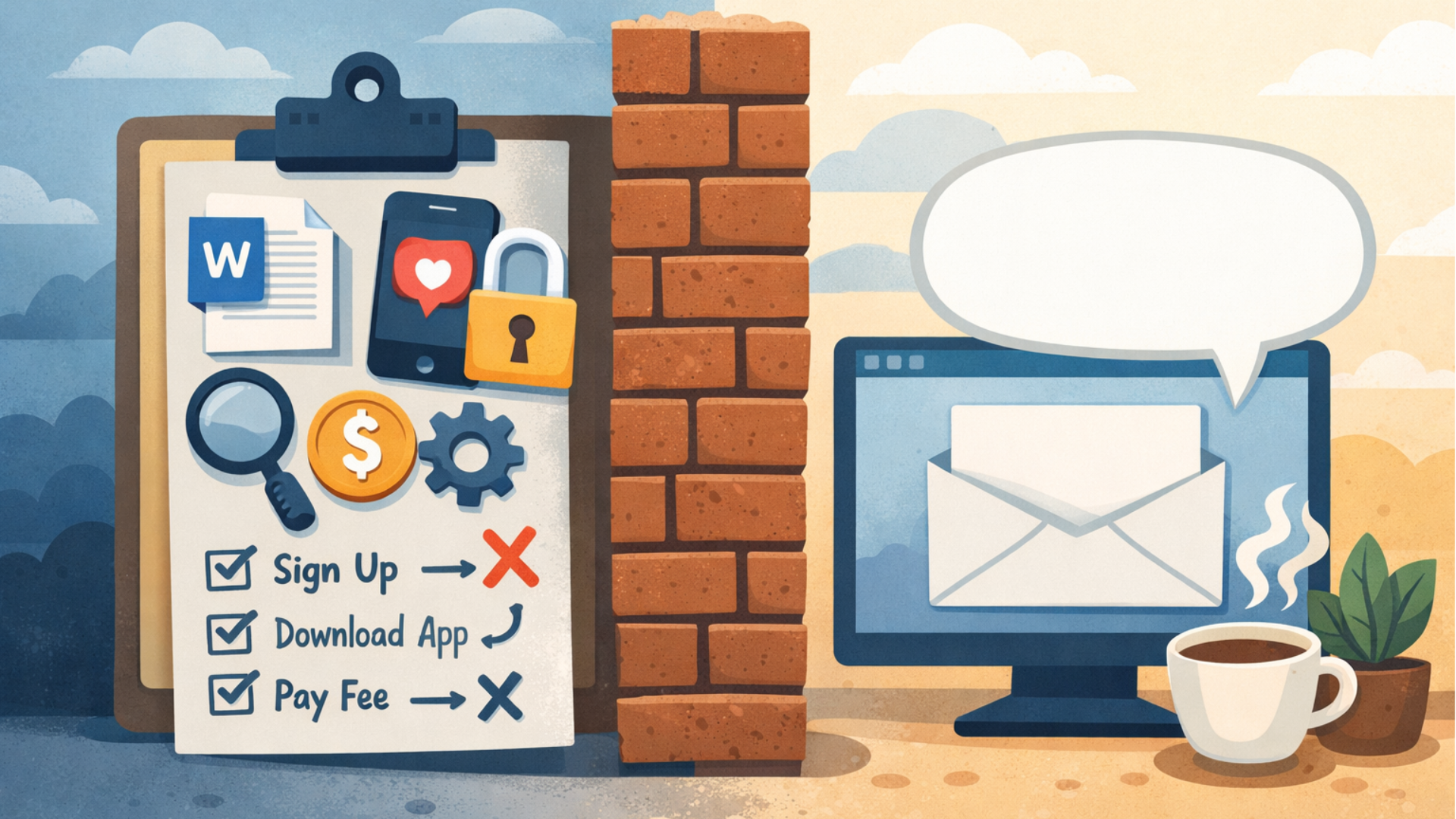 Illustration contrasting high-friction content access (apps, sign-ups, paid tools) with simple, accessible delivery via email