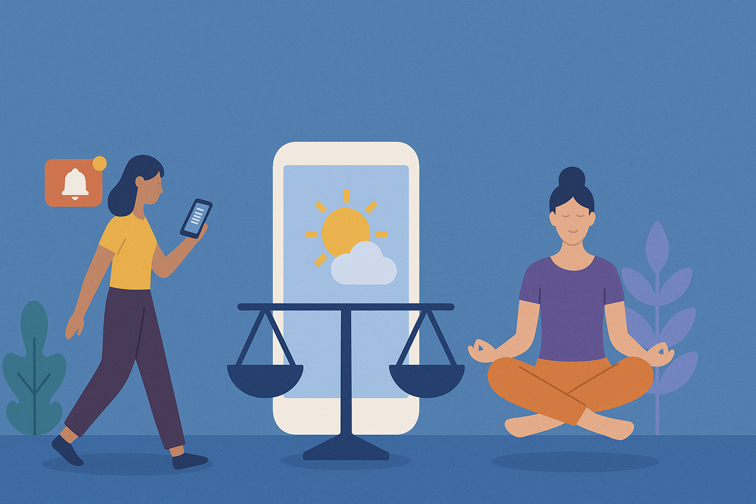 A balanced scale with a smartphone on one side and a heart icon on the other, symbolizing the balance between digital engagement and personal well-being.