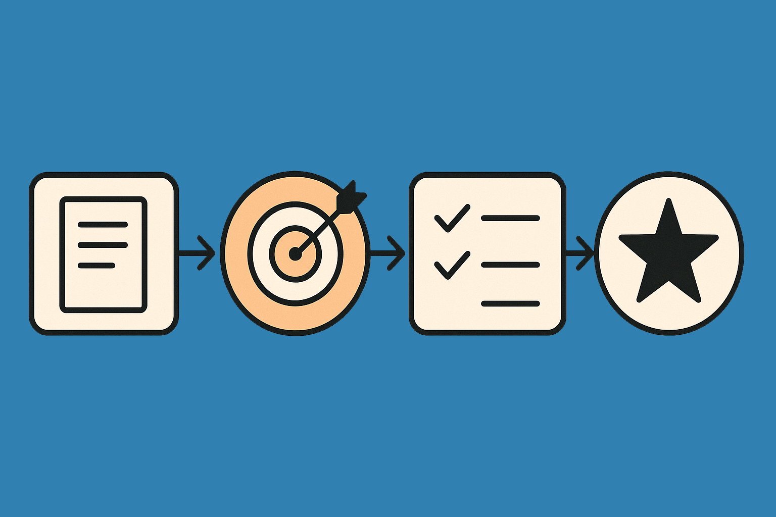 STAR framework icons: document, target, checklist, and star linked by arrows on a blue background.