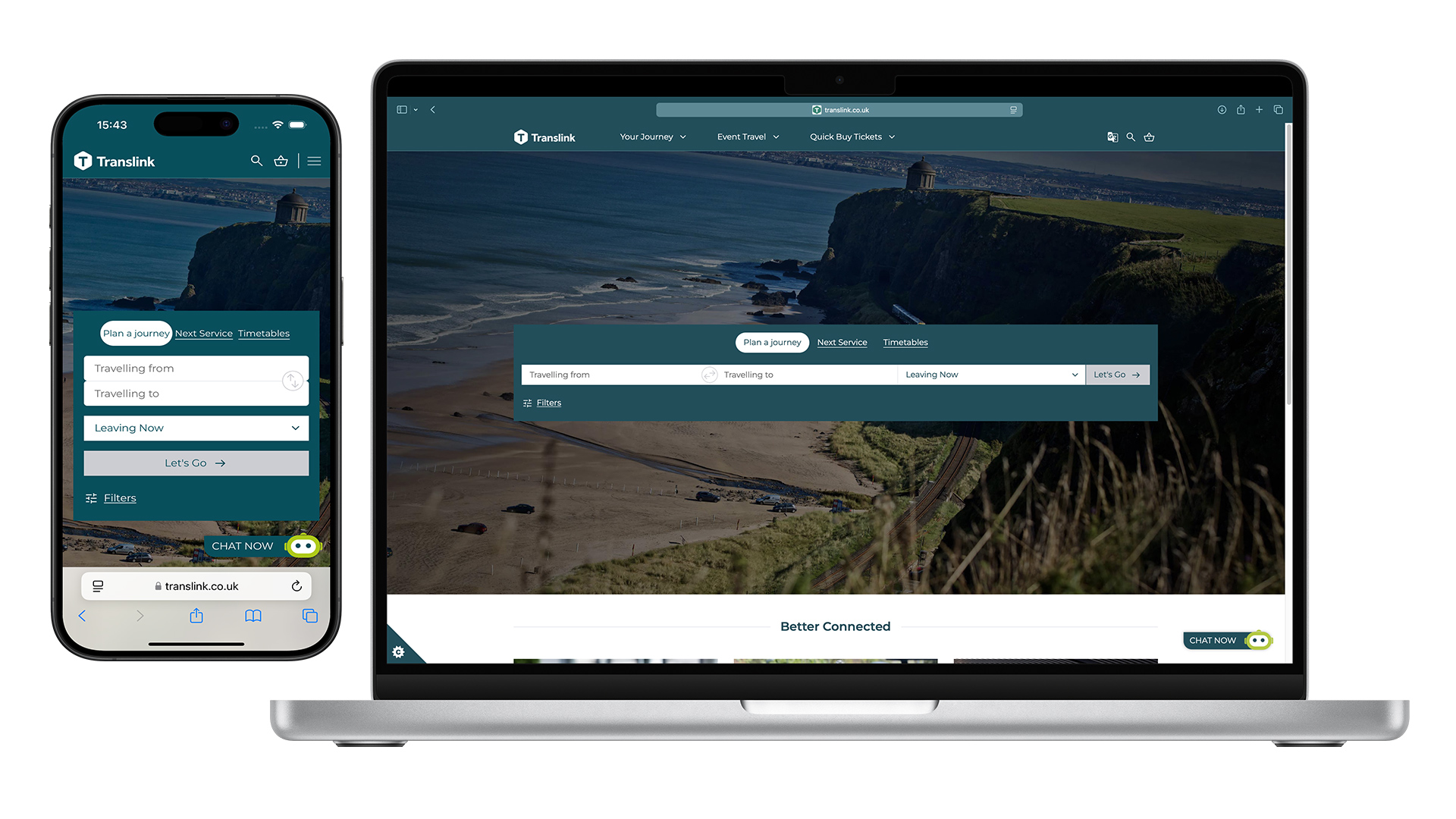 Translink homepage analytics showing mobile traffic, high exit rates on Journey Planner and Timetables pages, and heatmap of user clicks on homepage
